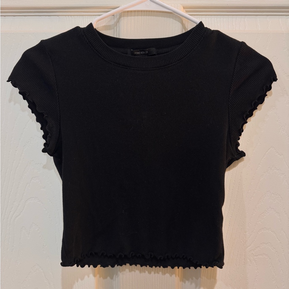 Forever 21 Black Ribbed Cap Sleeve Crop Top